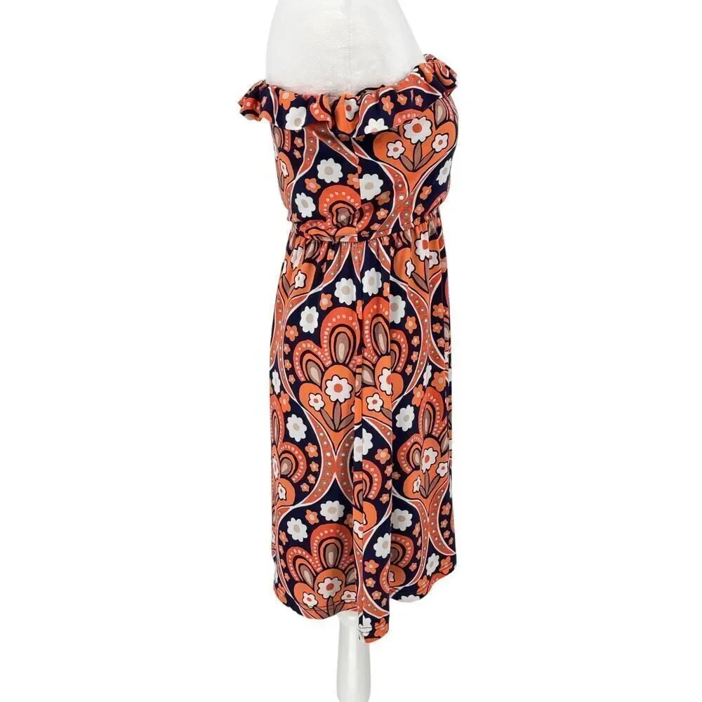 Judith March Boho Off-Shoulder Mini Dress Small Retro Floral Orange Navy Ruffle